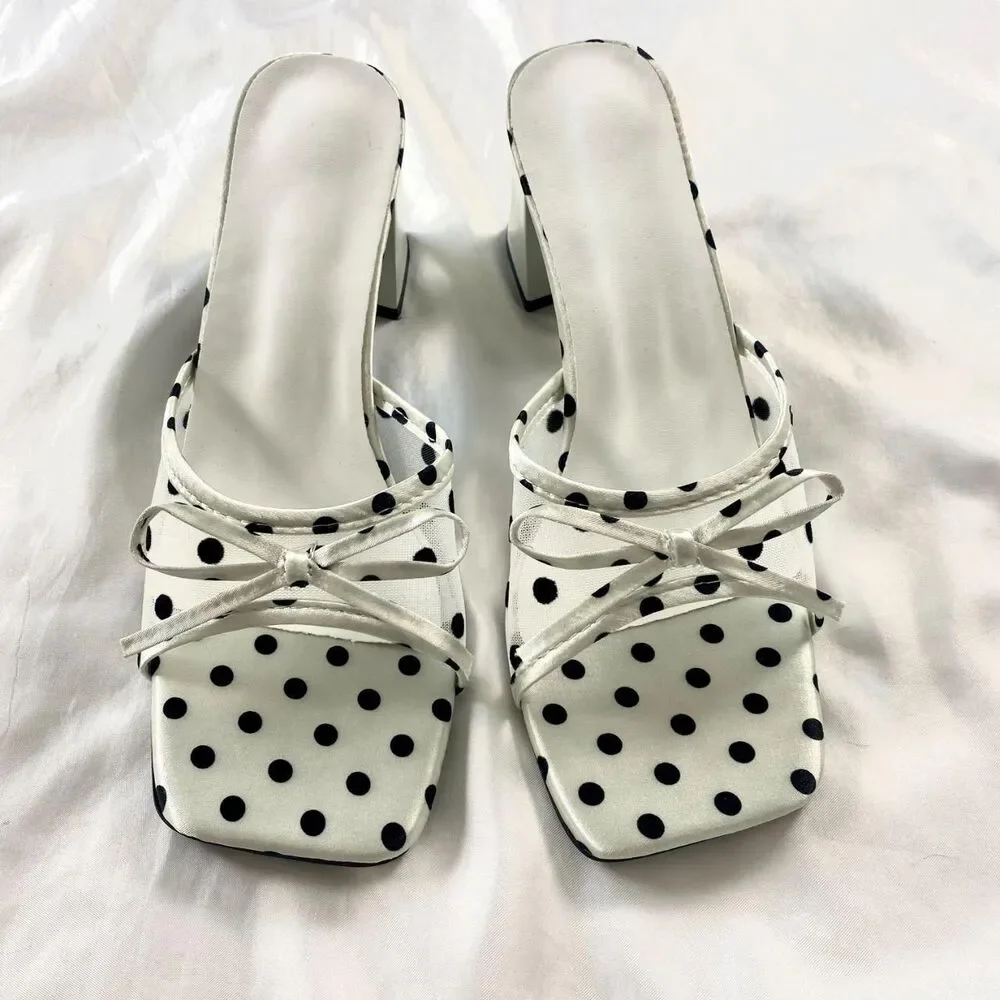 NWOT Euro Coquette Preppy Square Toe Mesh Polkadot Block Heel Sandals US 9